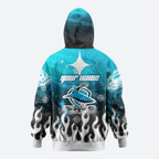 Personalized Cronulla-Sutherland Sharks Hoodie Y2K Grunge Aesthetic With Cyber Flames and Starburst Graphics