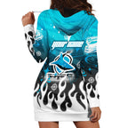 Personalized Cronulla-Sutherland Sharks Hoodie Dress Y2K Grunge Aesthetic With Cyber Flames and Starburst Graphics