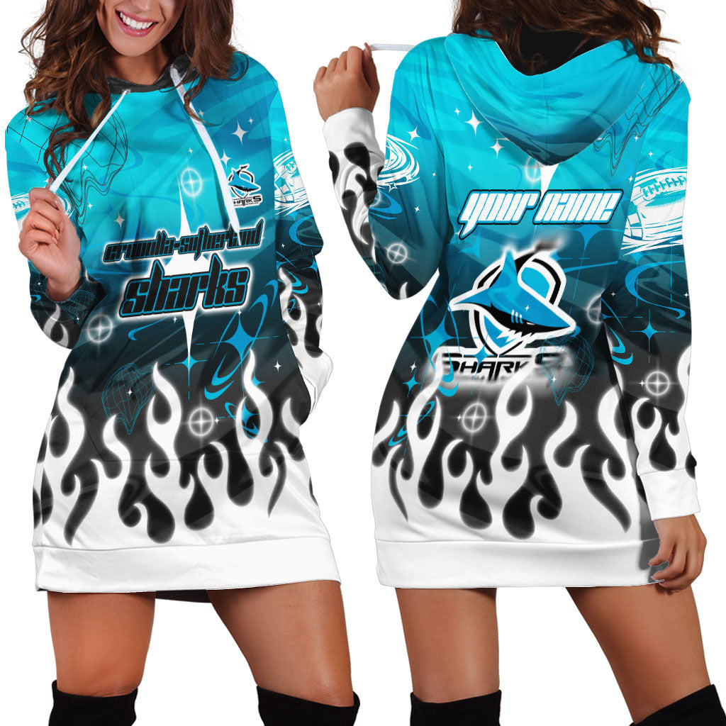 Personalized Cronulla-Sutherland Sharks Hoodie Dress Y2K Grunge Aesthetic With Cyber Flames and Starburst Graphics