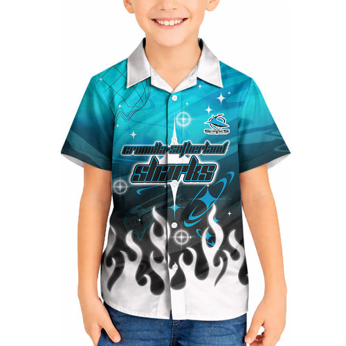 Personalized Cronulla-Sutherland Sharks Kid Hawaiian Shirt Y2K Grunge Aesthetic With Cyber Flames and Starburst Graphics