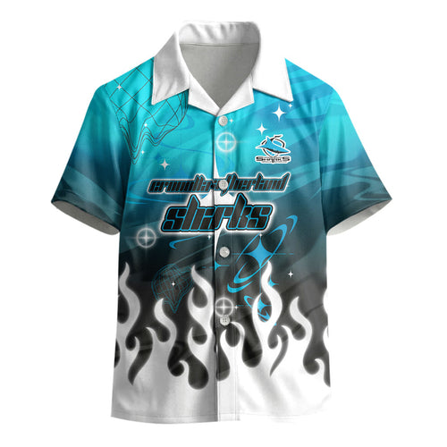 Personalized Cronulla-Sutherland Sharks Kid Hawaiian Shirt Y2K Grunge Aesthetic With Cyber Flames and Starburst Graphics