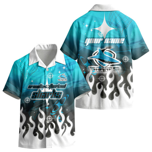 Personalized Cronulla-Sutherland Sharks Kid Hawaiian Shirt Y2K Grunge Aesthetic With Cyber Flames and Starburst Graphics