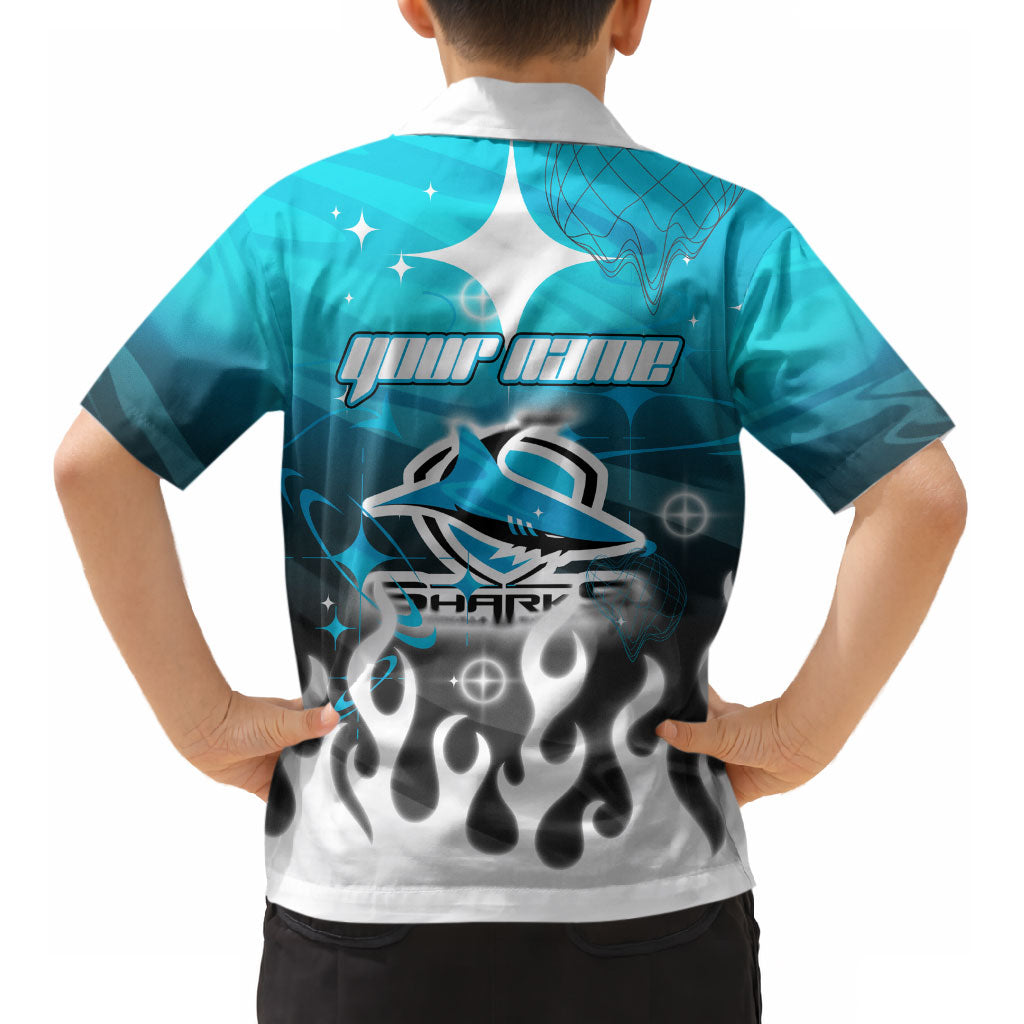 Personalized Cronulla-Sutherland Sharks Kid Hawaiian Shirt Y2K Grunge Aesthetic With Cyber Flames and Starburst Graphics