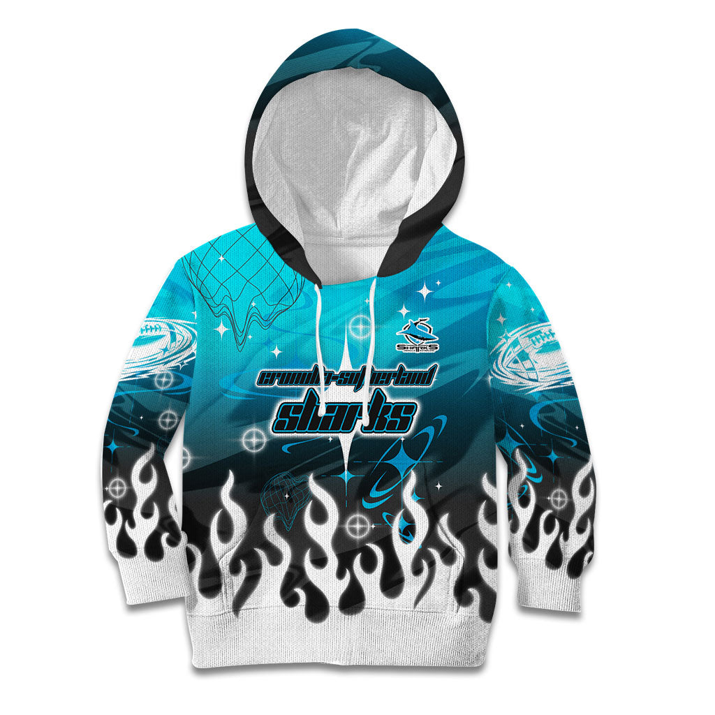 Personalized Cronulla-Sutherland Sharks Kid Hoodie Y2K Grunge Aesthetic With Cyber Flames and Starburst Graphics