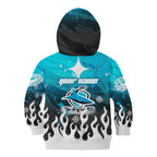 Personalized Cronulla-Sutherland Sharks Kid Hoodie Y2K Grunge Aesthetic With Cyber Flames and Starburst Graphics