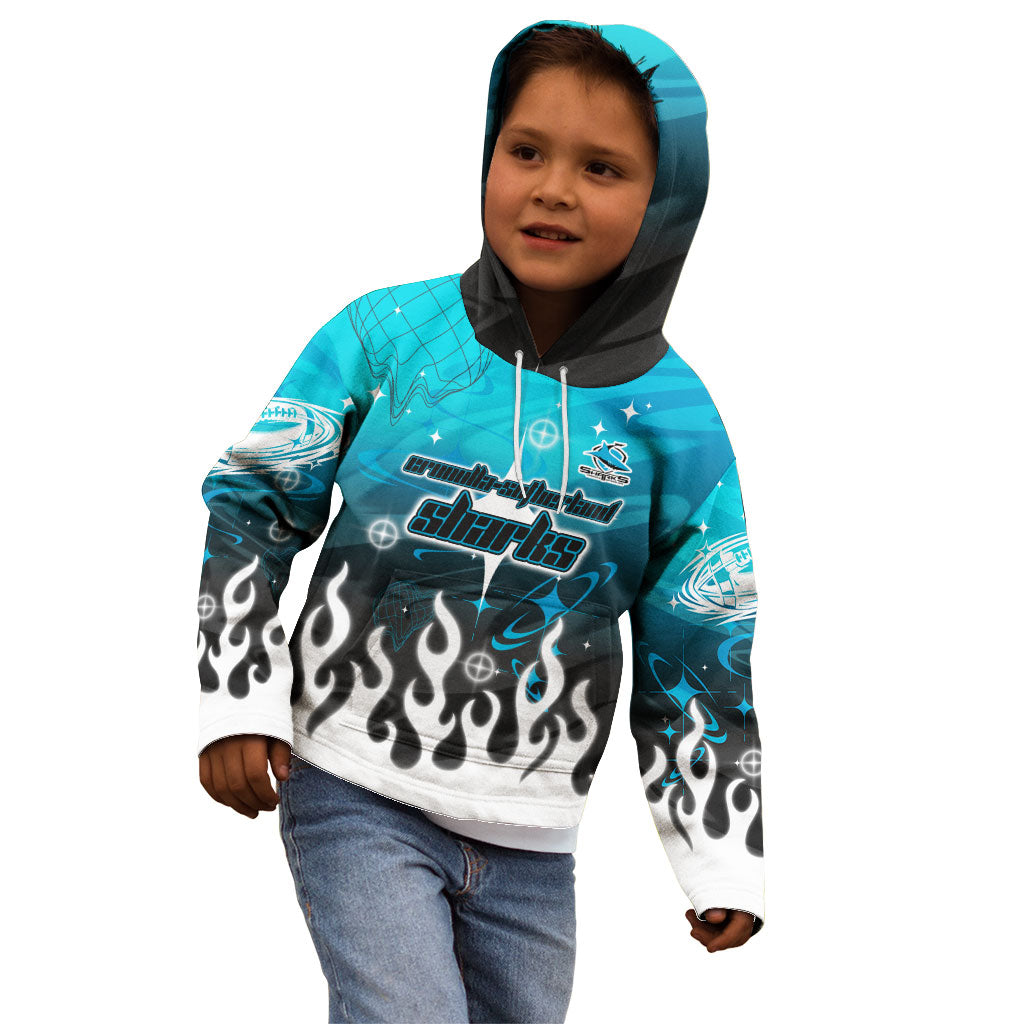 Personalized Cronulla-Sutherland Sharks Kid Hoodie Y2K Grunge Aesthetic With Cyber Flames and Starburst Graphics
