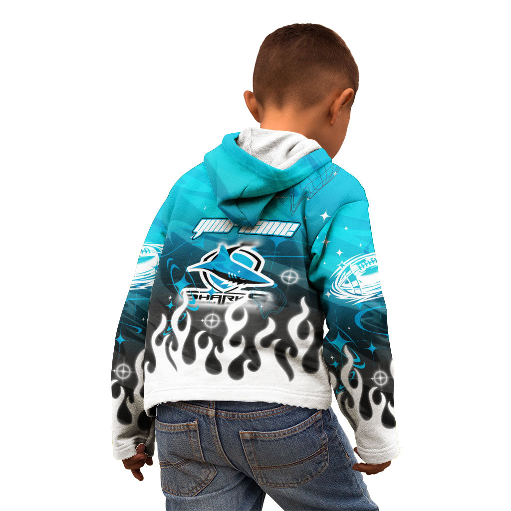 Personalized Cronulla-Sutherland Sharks Kid Hoodie Y2K Grunge Aesthetic With Cyber Flames and Starburst Graphics