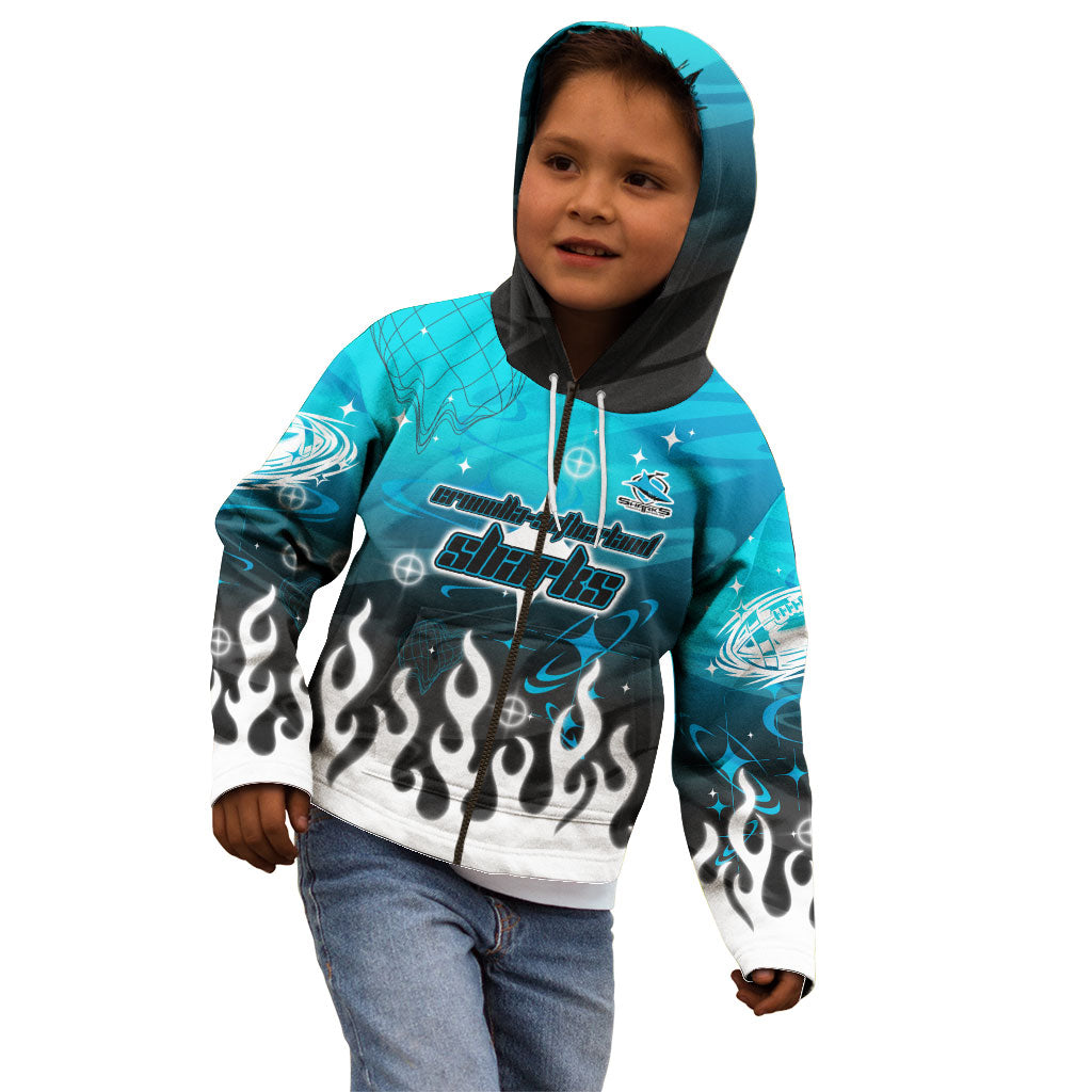 Personalized Cronulla-Sutherland Sharks Kid Hoodie Y2K Grunge Aesthetic With Cyber Flames and Starburst Graphics