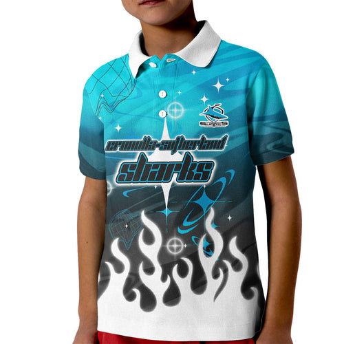 Personalized Cronulla-Sutherland Sharks Kid Polo Shirt Y2K Grunge Aesthetic With Cyber Flames and Starburst Graphics