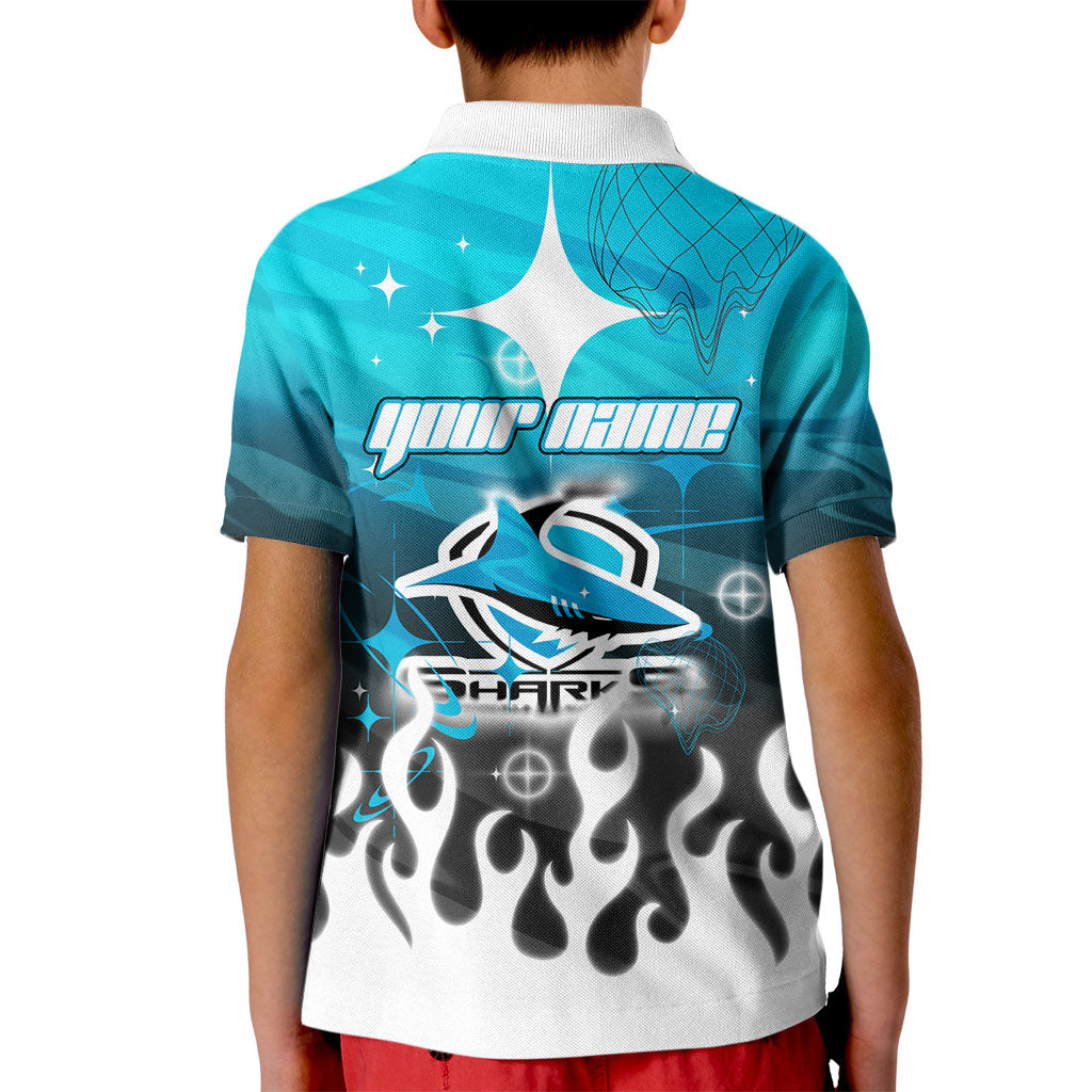 Personalized Cronulla-Sutherland Sharks Kid Polo Shirt Y2K Grunge Aesthetic With Cyber Flames and Starburst Graphics