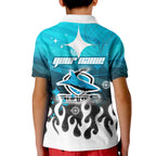 Personalized Cronulla-Sutherland Sharks Kid Polo Shirt Y2K Grunge Aesthetic With Cyber Flames and Starburst Graphics