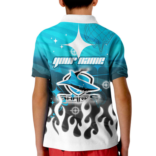 Personalized Cronulla-Sutherland Sharks Kid Polo Shirt Y2K Grunge Aesthetic With Cyber Flames and Starburst Graphics