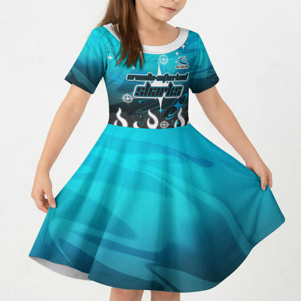 Personalized Cronulla-Sutherland Sharks Kid Short Sleeve Dress Y2K Grunge Aesthetic With Cyber Flames and Starburst Graphics