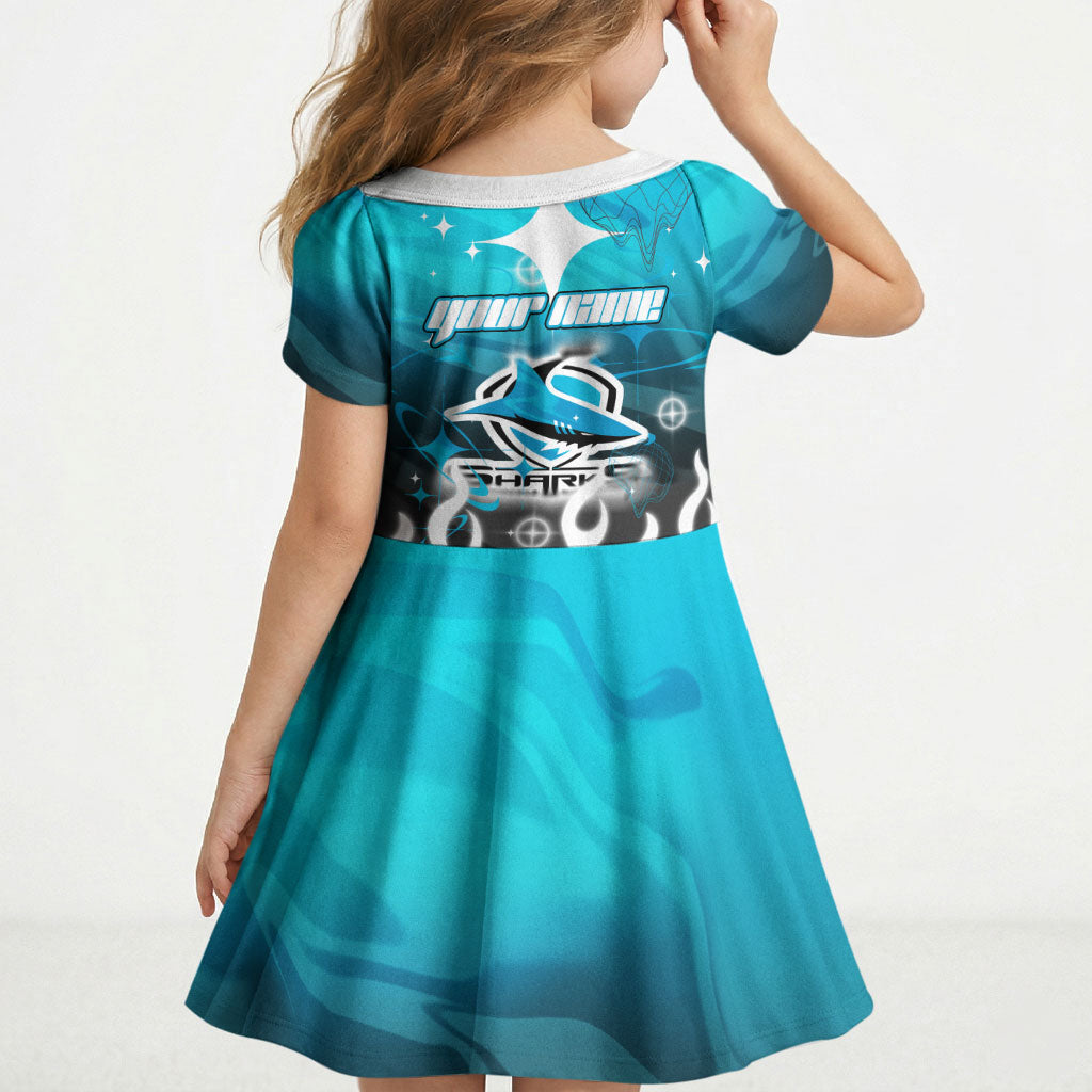 Personalized Cronulla-Sutherland Sharks Kid Short Sleeve Dress Y2K Grunge Aesthetic With Cyber Flames and Starburst Graphics