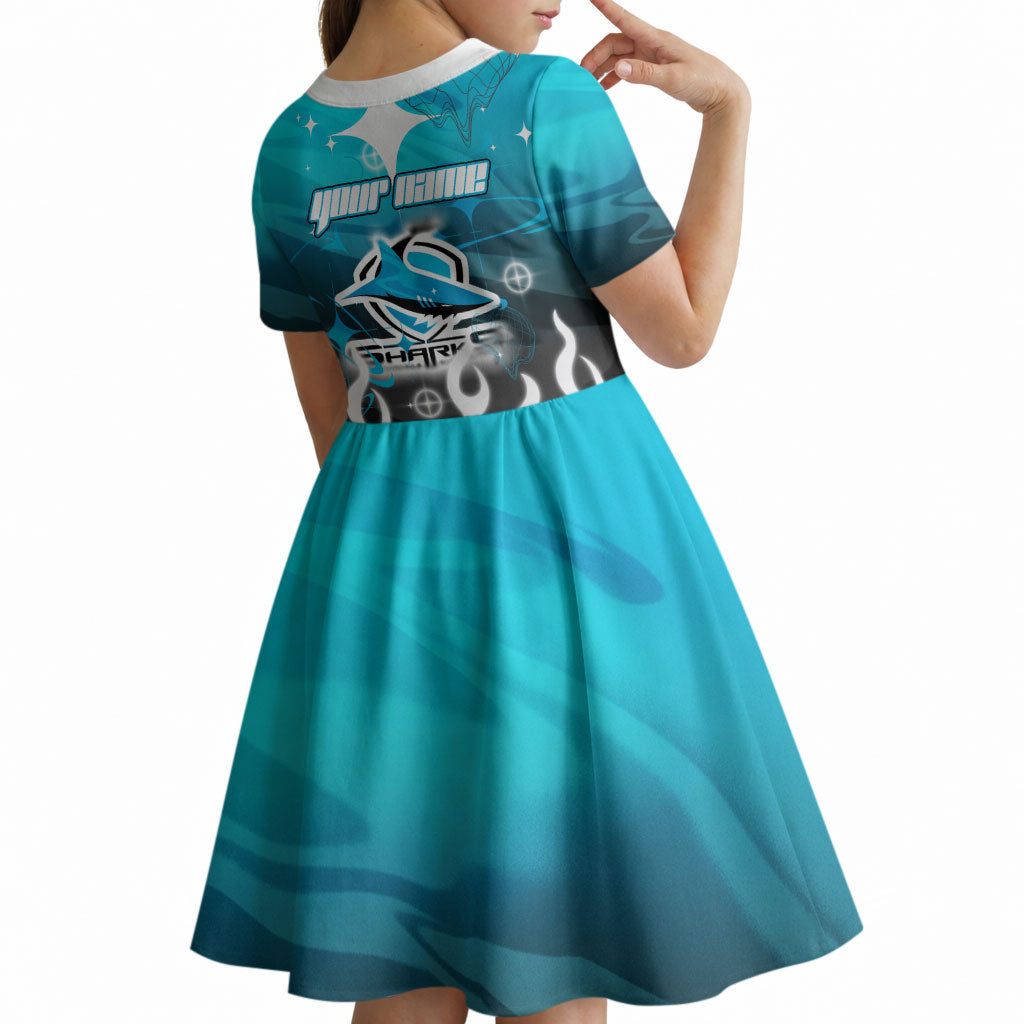Personalized Cronulla-Sutherland Sharks Kid Short Sleeve Dress Y2K Grunge Aesthetic With Cyber Flames and Starburst Graphics