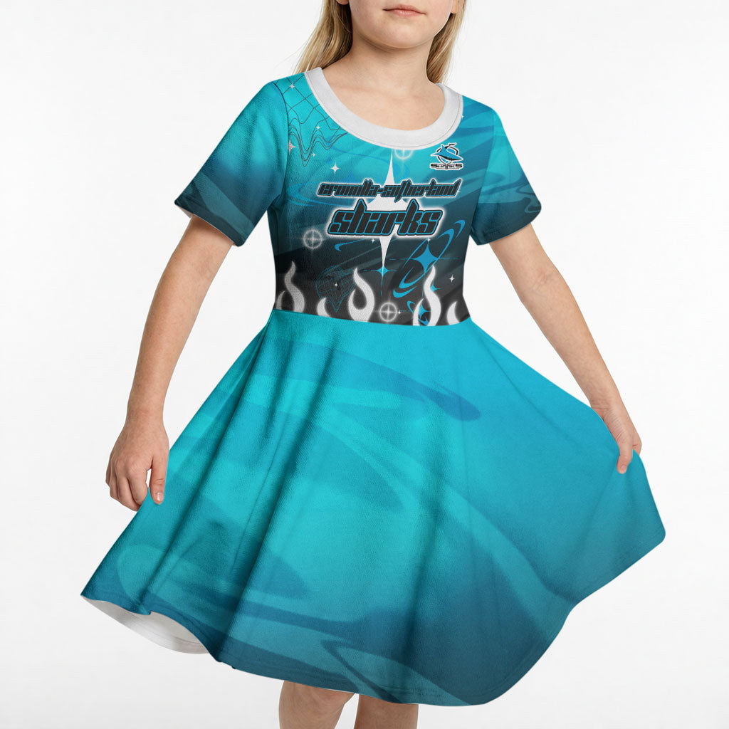 Personalized Cronulla-Sutherland Sharks Kid Short Sleeve Dress Y2K Grunge Aesthetic With Cyber Flames and Starburst Graphics