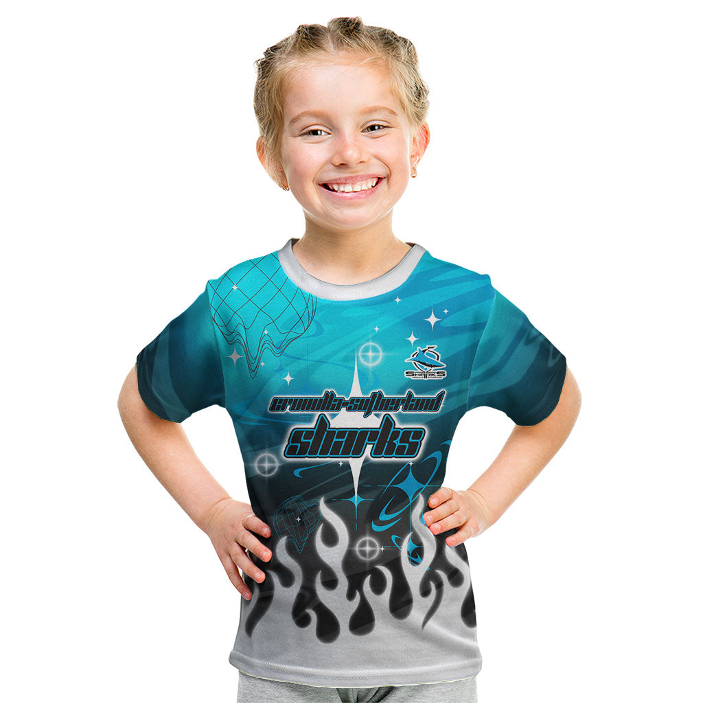 Personalized Cronulla-Sutherland Sharks Kid T Shirt Y2K Grunge Aesthetic With Cyber Flames and Starburst Graphics