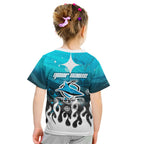 Personalized Cronulla-Sutherland Sharks Kid T Shirt Y2K Grunge Aesthetic With Cyber Flames and Starburst Graphics