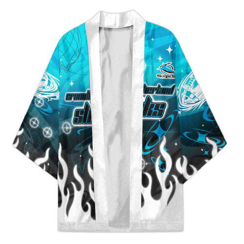 Personalized Cronulla-Sutherland Sharks Kimono Y2K Grunge Aesthetic With Cyber Flames and Starburst Graphics