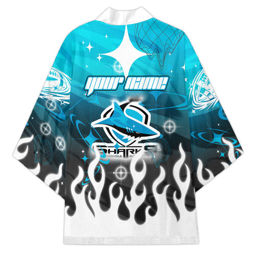 Personalized Cronulla-Sutherland Sharks Kimono Y2K Grunge Aesthetic With Cyber Flames and Starburst Graphics