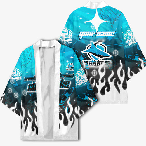 Personalized Cronulla-Sutherland Sharks Kimono Y2K Grunge Aesthetic With Cyber Flames and Starburst Graphics