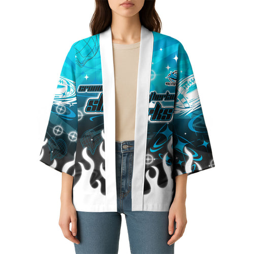 Personalized Cronulla-Sutherland Sharks Kimono Y2K Grunge Aesthetic With Cyber Flames and Starburst Graphics