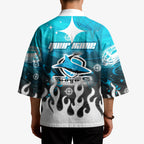 Personalized Cronulla-Sutherland Sharks Kimono Y2K Grunge Aesthetic With Cyber Flames and Starburst Graphics