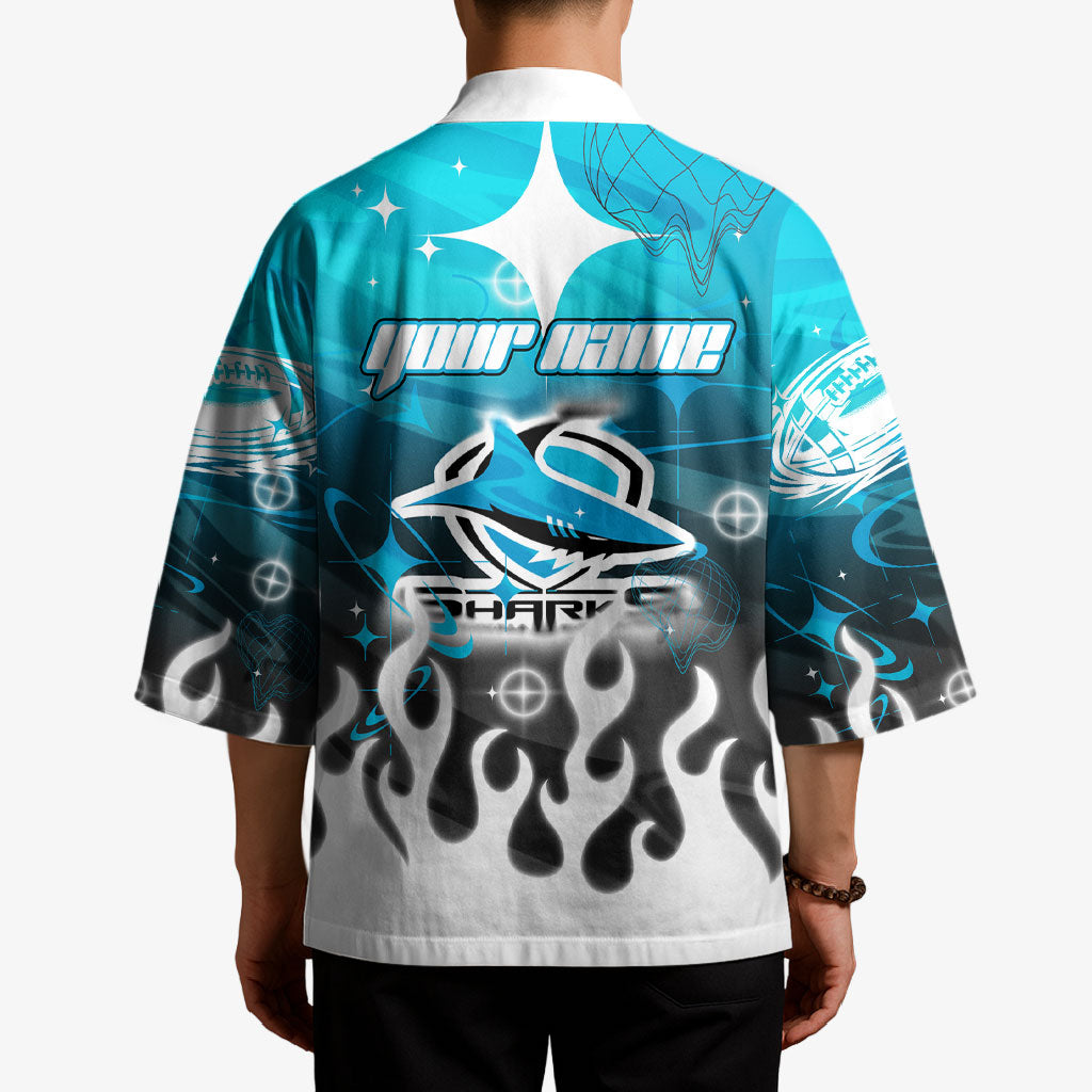 Personalized Cronulla-Sutherland Sharks Kimono Y2K Grunge Aesthetic With Cyber Flames and Starburst Graphics