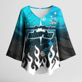 Personalized Cronulla-Sutherland Sharks Kimono Sleeve Blouse Y2K Grunge Aesthetic With Cyber Flames and Starburst Graphics