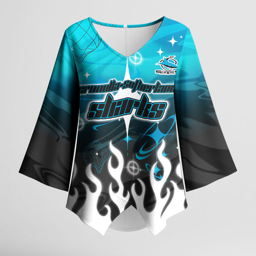 Personalized Cronulla-Sutherland Sharks Kimono Sleeve Blouse Y2K Grunge Aesthetic With Cyber Flames and Starburst Graphics