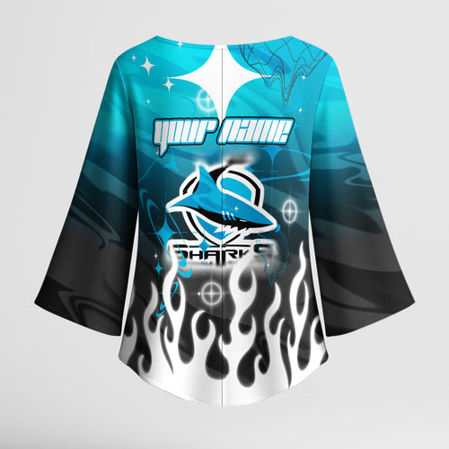 Personalized Cronulla-Sutherland Sharks Kimono Sleeve Blouse Y2K Grunge Aesthetic With Cyber Flames and Starburst Graphics