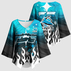 Personalized Cronulla-Sutherland Sharks Kimono Sleeve Blouse Y2K Grunge Aesthetic With Cyber Flames and Starburst Graphics