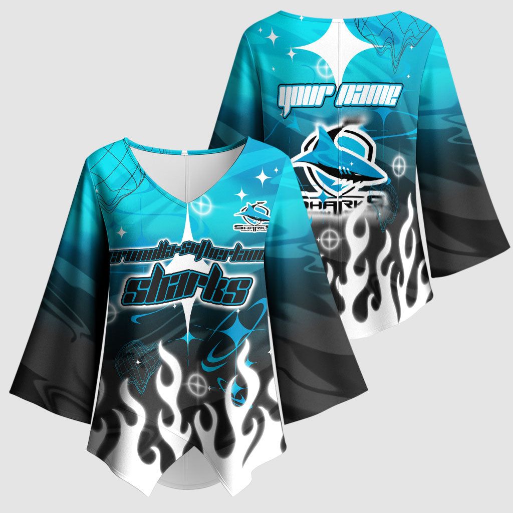 Personalized Cronulla-Sutherland Sharks Kimono Sleeve Blouse Y2K Grunge Aesthetic With Cyber Flames and Starburst Graphics