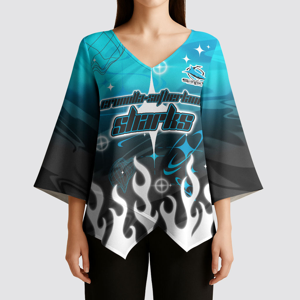 Personalized Cronulla-Sutherland Sharks Kimono Sleeve Blouse Y2K Grunge Aesthetic With Cyber Flames and Starburst Graphics