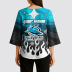 Personalized Cronulla-Sutherland Sharks Kimono Sleeve Blouse Y2K Grunge Aesthetic With Cyber Flames and Starburst Graphics