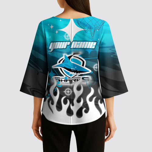 Personalized Cronulla-Sutherland Sharks Kimono Sleeve Blouse Y2K Grunge Aesthetic With Cyber Flames and Starburst Graphics