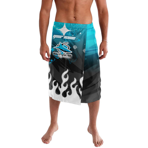 Personalized Cronulla-Sutherland Sharks Lavalava Y2K Grunge Aesthetic With Cyber Flames and Starburst Graphics