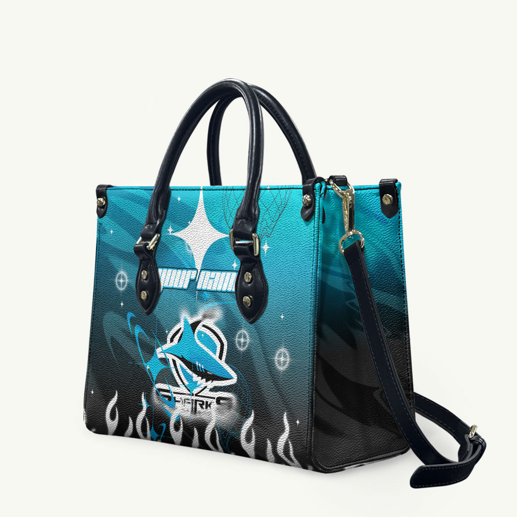 Personalized Cronulla-Sutherland Sharks Leather Bag Y2K Grunge Aesthetic With Cyber Flames and Starburst Graphics