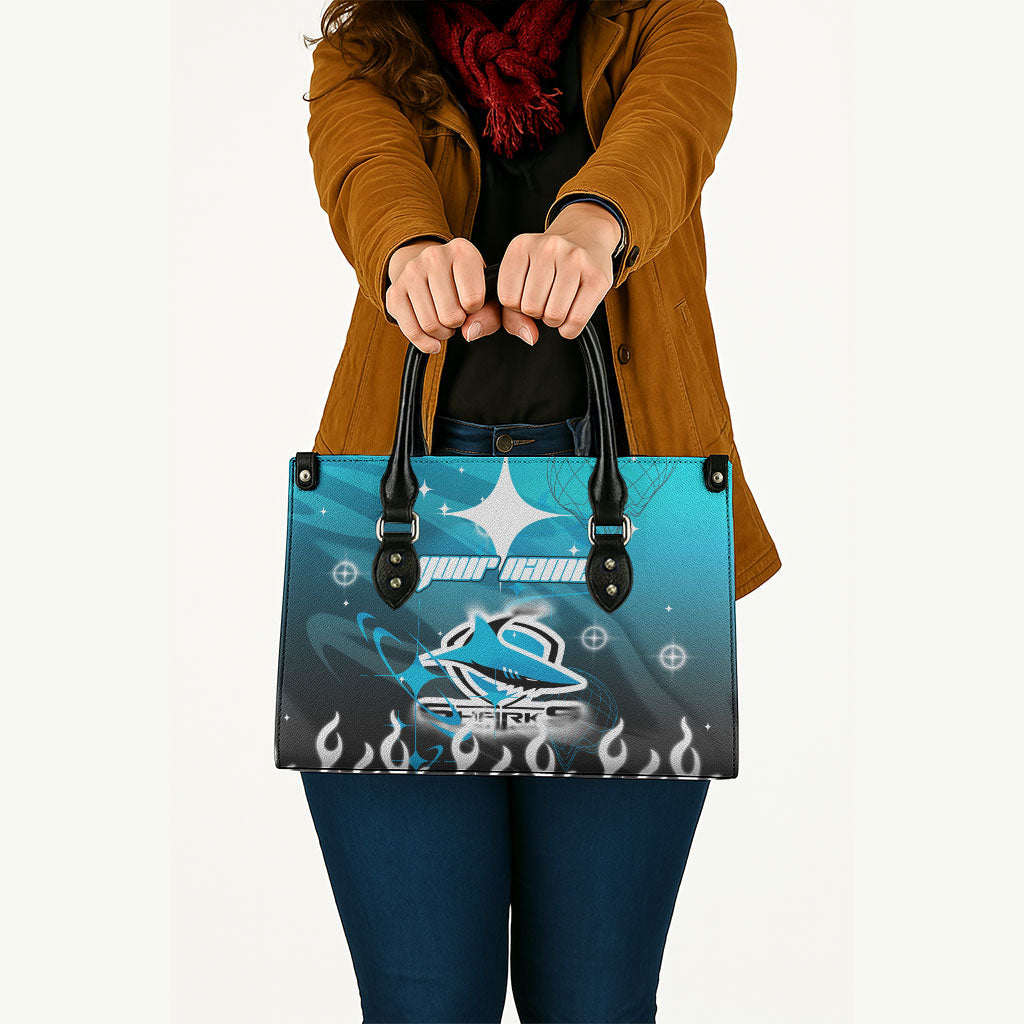 Personalized Cronulla-Sutherland Sharks Leather Bag Y2K Grunge Aesthetic With Cyber Flames and Starburst Graphics