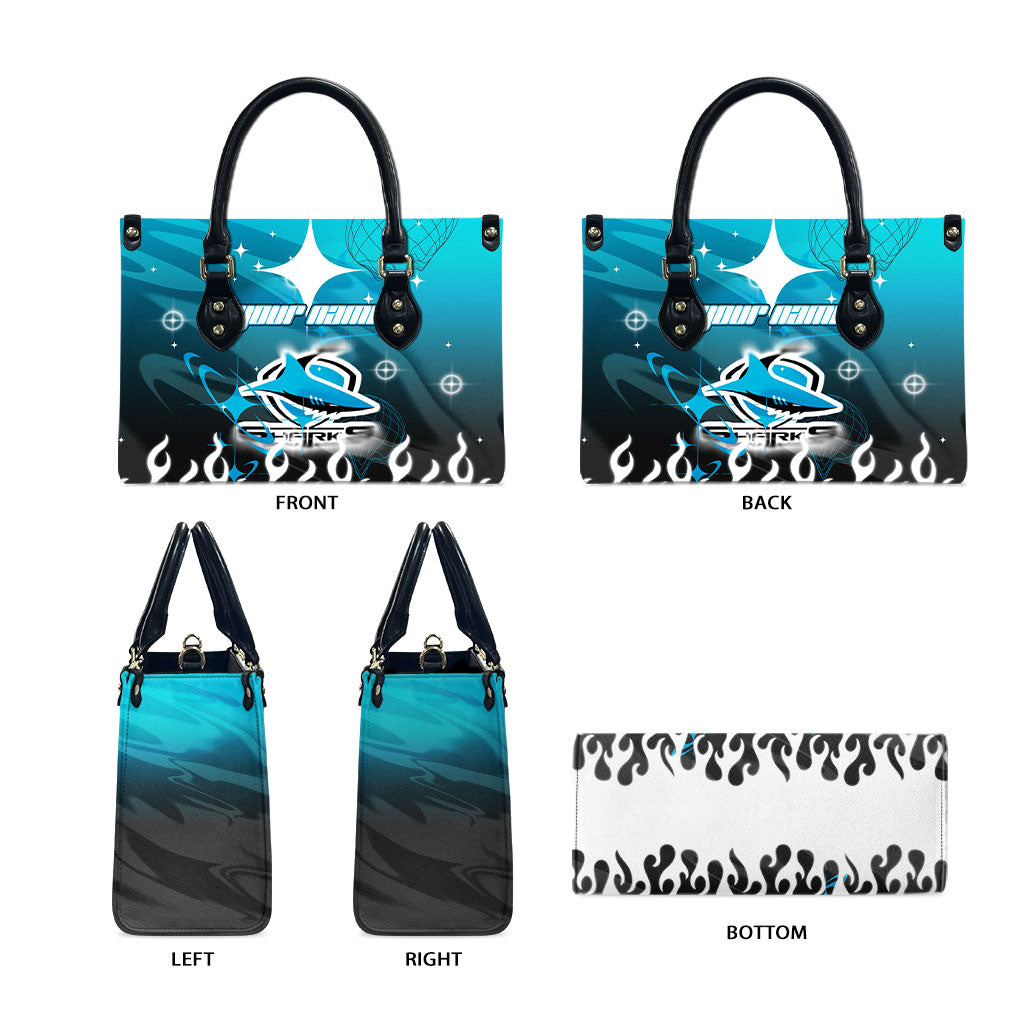Personalized Cronulla-Sutherland Sharks Leather Bag Y2K Grunge Aesthetic With Cyber Flames and Starburst Graphics