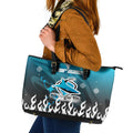 Personalized Cronulla-Sutherland Sharks Leather Tote Bag Y2K Grunge Aesthetic With Cyber Flames and Starburst Graphics