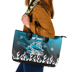 Personalized Cronulla-Sutherland Sharks Leather Tote Bag Y2K Grunge Aesthetic With Cyber Flames and Starburst Graphics