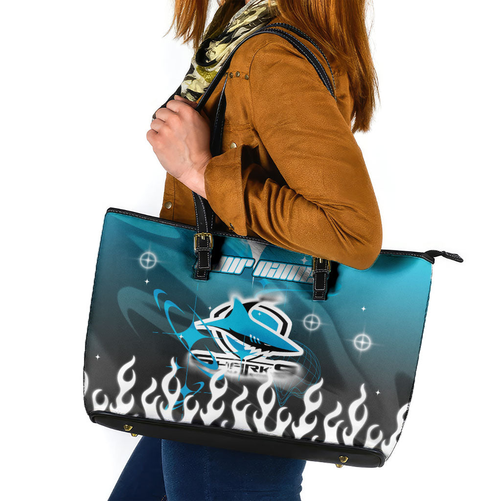 Personalized Cronulla-Sutherland Sharks Leather Tote Bag Y2K Grunge Aesthetic With Cyber Flames and Starburst Graphics