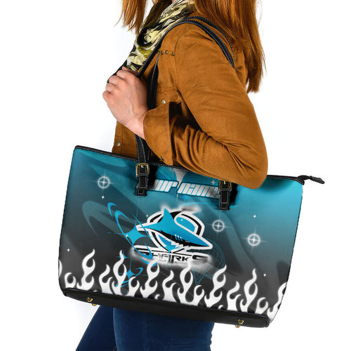 Personalized Cronulla-Sutherland Sharks Leather Tote Bag Y2K Grunge Aesthetic With Cyber Flames and Starburst Graphics