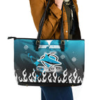 Personalized Cronulla-Sutherland Sharks Leather Tote Bag Y2K Grunge Aesthetic With Cyber Flames and Starburst Graphics