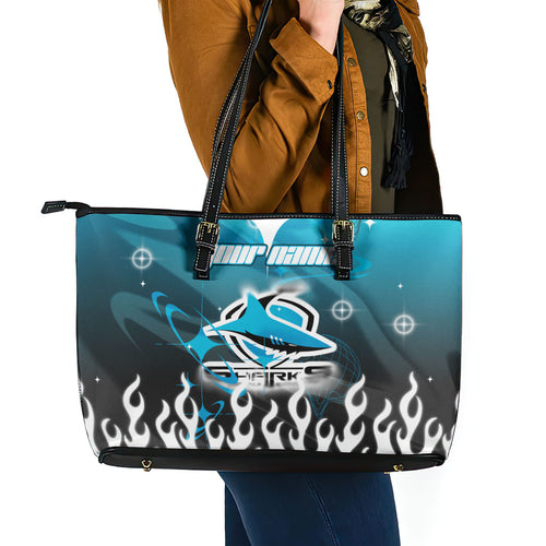 Personalized Cronulla-Sutherland Sharks Leather Tote Bag Y2K Grunge Aesthetic With Cyber Flames and Starburst Graphics