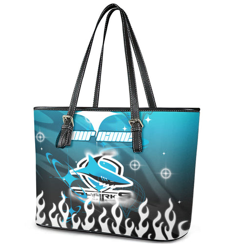 Personalized Cronulla-Sutherland Sharks Leather Tote Bag Y2K Grunge Aesthetic With Cyber Flames and Starburst Graphics