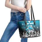 Personalized Cronulla-Sutherland Sharks Leather Tote Bag Y2K Grunge Aesthetic With Cyber Flames and Starburst Graphics