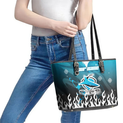 Personalized Cronulla-Sutherland Sharks Leather Tote Bag Y2K Grunge Aesthetic With Cyber Flames and Starburst Graphics