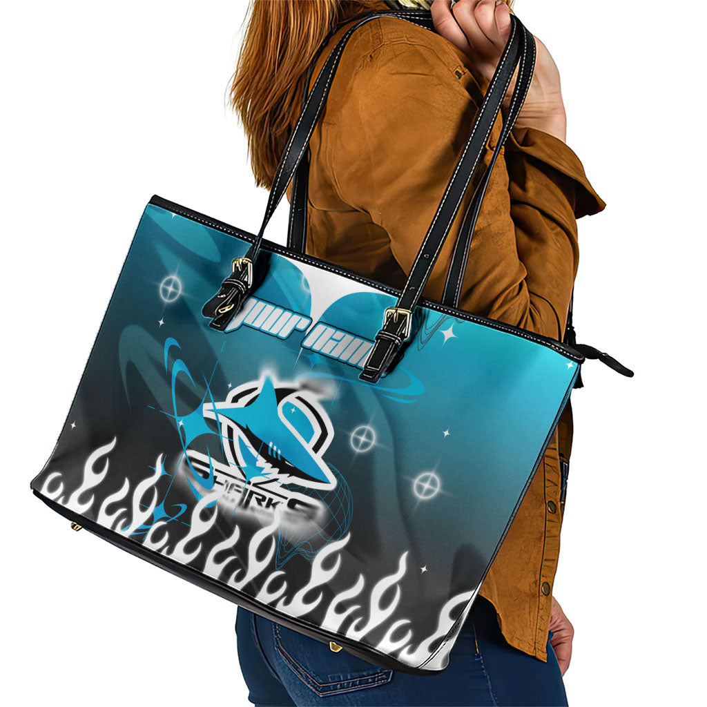 Personalized Cronulla-Sutherland Sharks Leather Tote Bag Y2K Grunge Aesthetic With Cyber Flames and Starburst Graphics